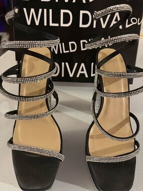 Wild Diva Black Strappy Crystal Wrap-Heel Sandals